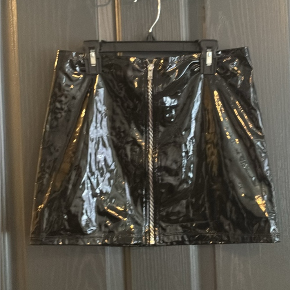 Shiny Black Patent Front-Zip Mini Skirt